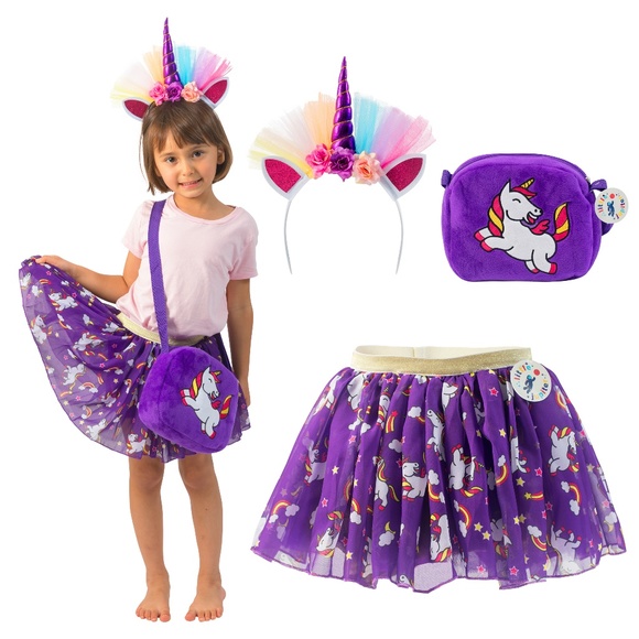 Printed Unicorn Dress Tutu 3pc Set w/ Purse Purple - Picture 1 of 8